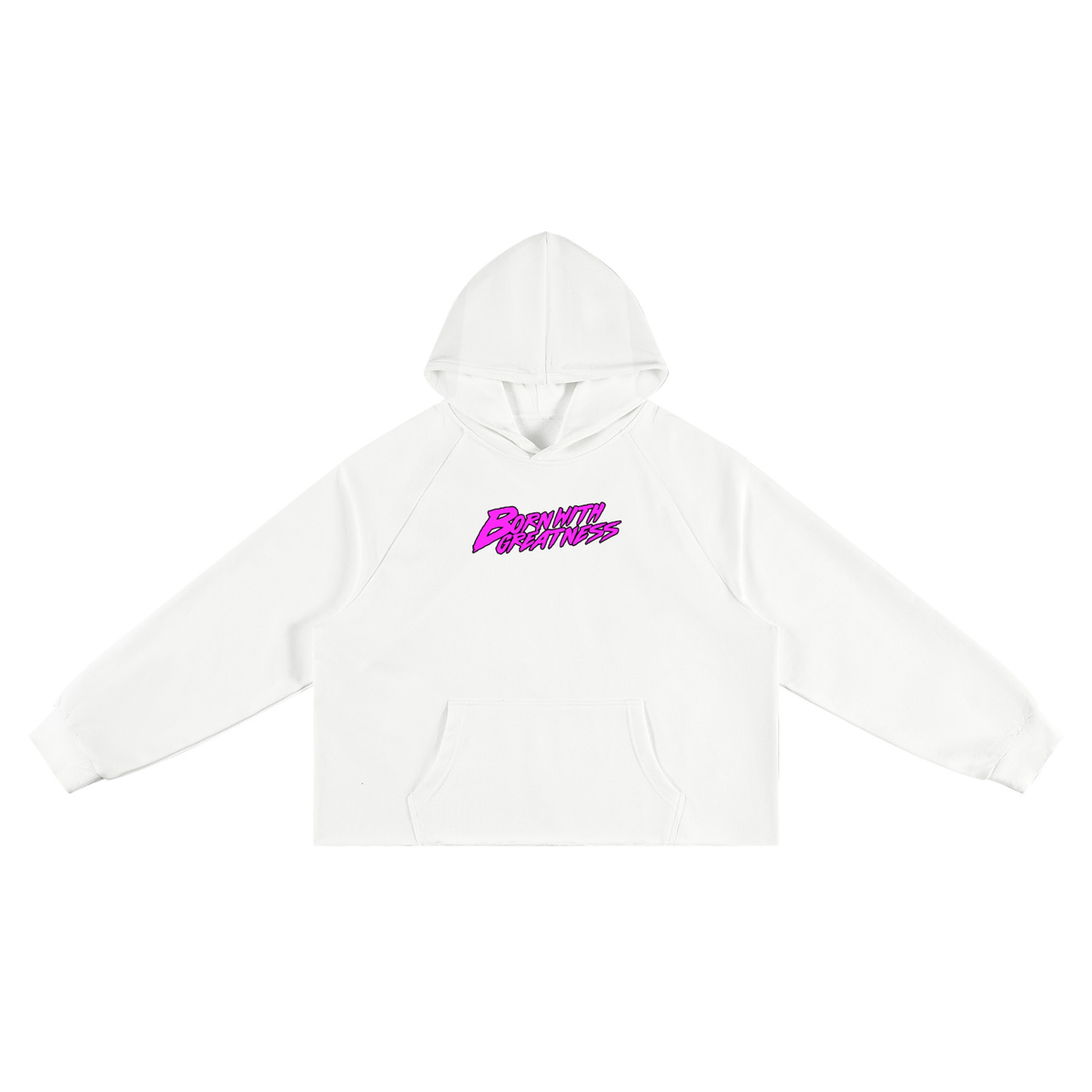 BWG 13th Ghost Hoodie in white, front view with pink Born With Greatness script logo on the chest