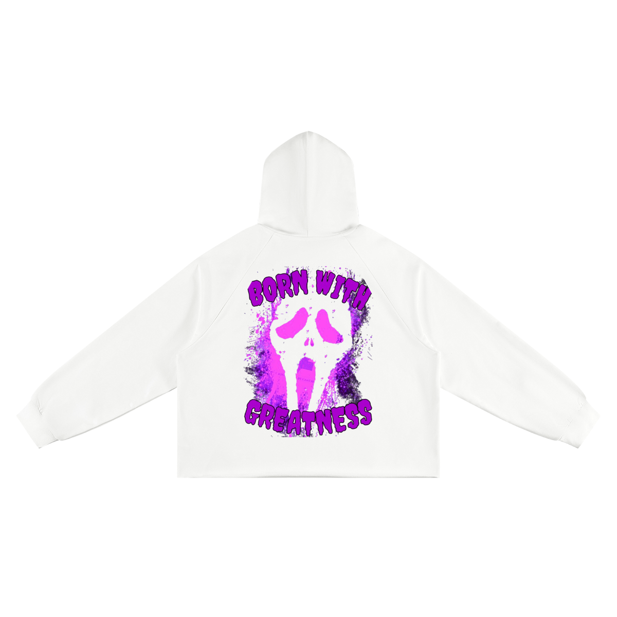 BWG 13th Ghost Hoodie in white, back view with purple and pink ghost-face Born With Greatness graphic