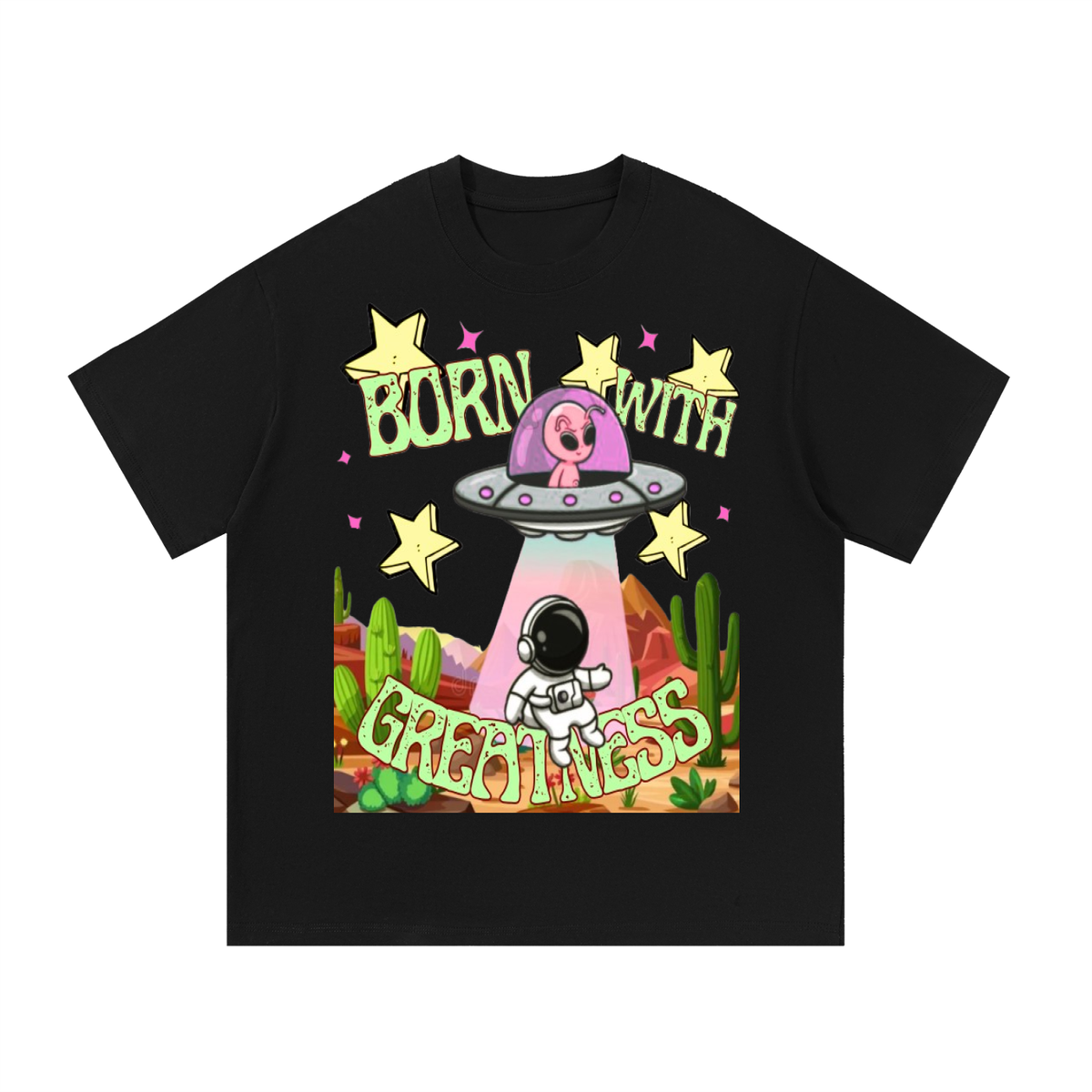 BWG Abduction Tee in black, front view with pink alien in UFO beaming up an astronaut over a desert cactus scene, BORN WITH GREATNESS text