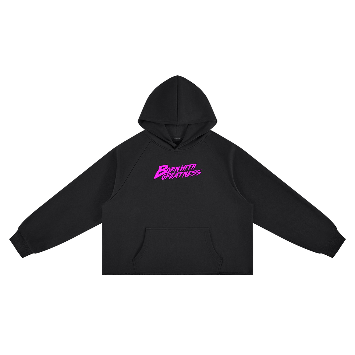 BWG 13th Ghost Hoodie in black, front view with pink Born With Greatness script logo on the chest