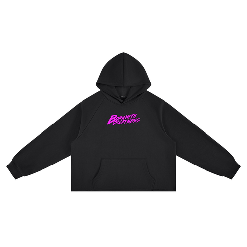 BWG 13th Ghost Hoodie in black, front view with pink Born With Greatness script logo on the chest